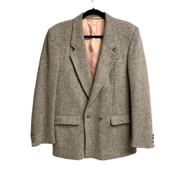 HARRIS TWEED Vintage Hand Woven Wool Double Breasted Jacket Blazer Tan Grey 42R - Picture 1 of 7
